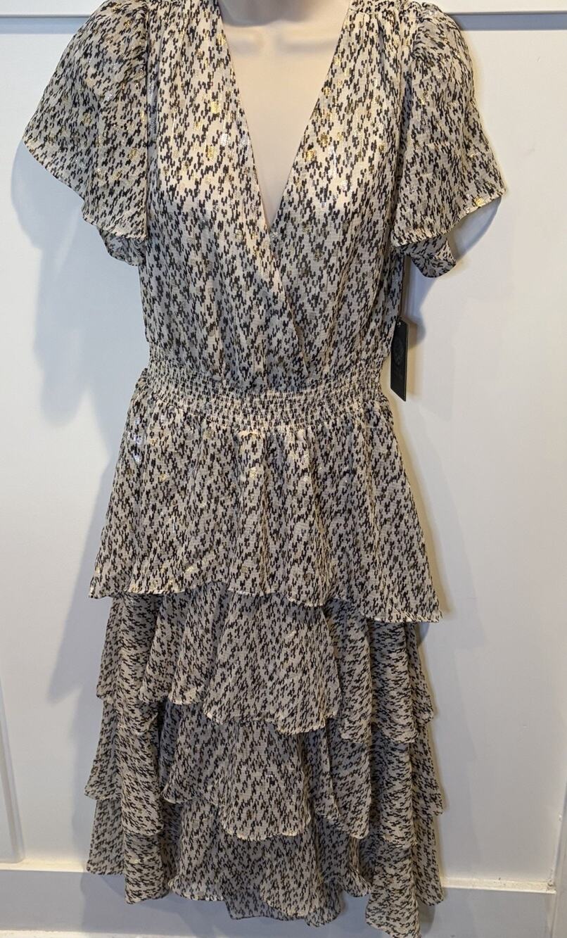 Vince Camuto Cream/Black/Gold Animal Print Ruffle Chiffon Midi Dress XS NWT